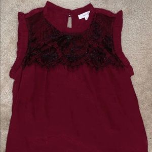 Burgundy flowy blouse with black lace